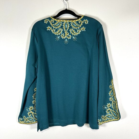 Bob Mackie Wearable Art Top Women's XL Turquoise Stretch Paisley Embroidered NWT - Picture 7 of 9